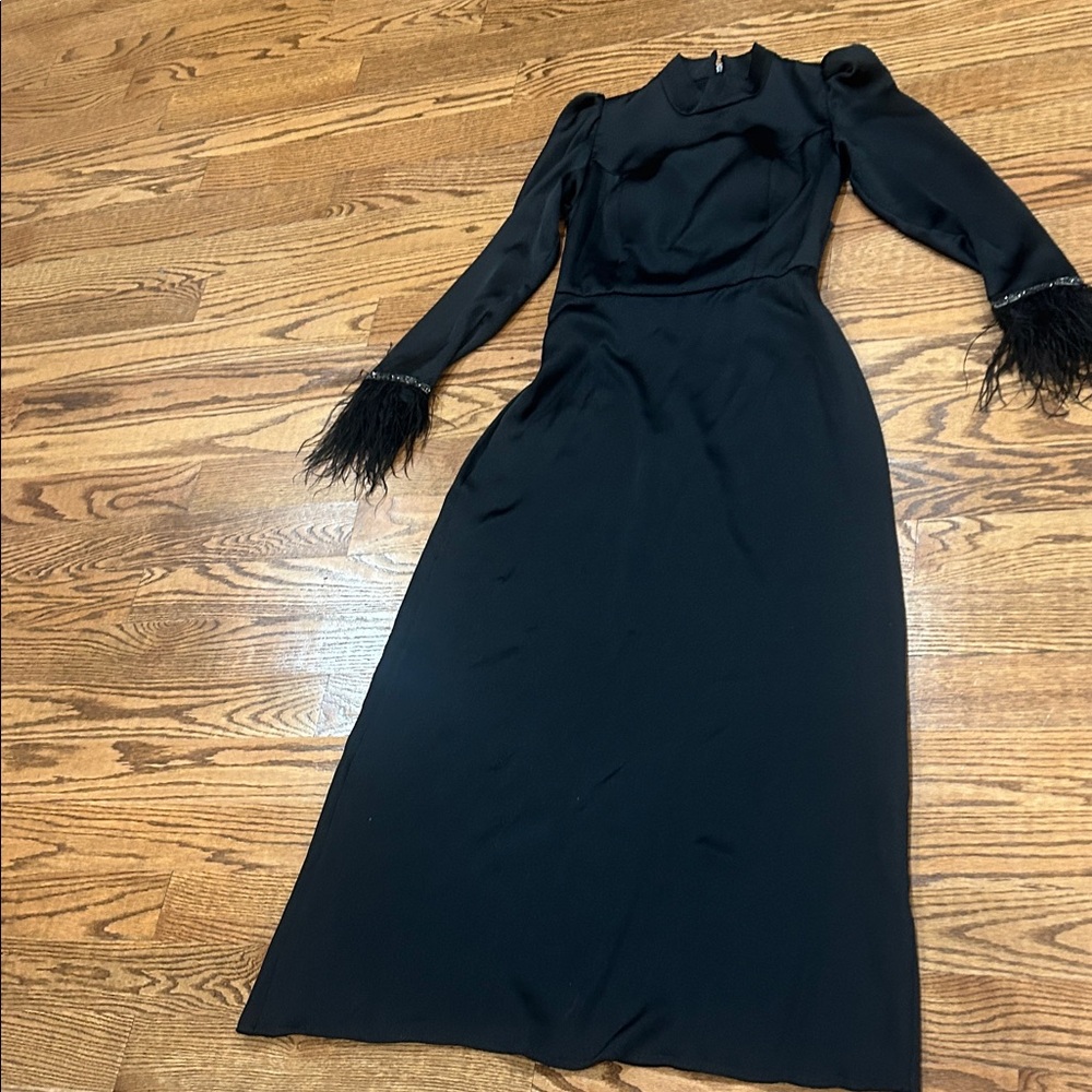 Chic Black Long Sleeve Dress with Feathered Cuffs